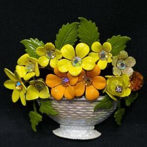 Vintage Enamel Flower Basket Brooch Yellow Orange Rhinestone 3D